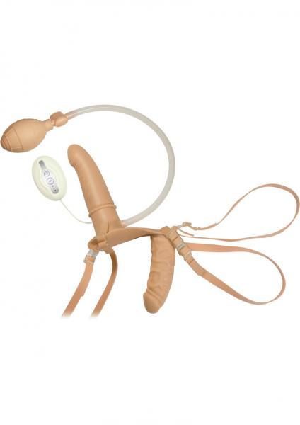 Inflatable Double Dipper Strap On Vibrator - Flesh