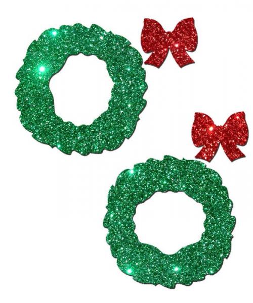 Pastease Peek A Boob Green Glitter Wreath with Red Glitter Bow