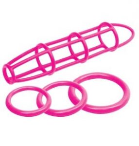 Neon Silicone Cage & Love Ring Set Pink