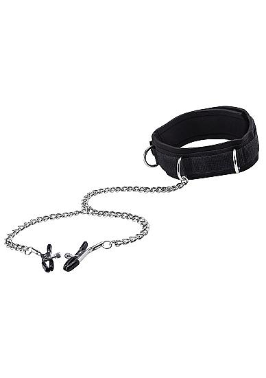 Ouch Velcro Collar with Nipple Clamps Black