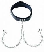 Black Leather Collar With Broad Tip Nipple Clamps