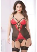 Lace Camisole Thong Set with Garter Red Queen Size