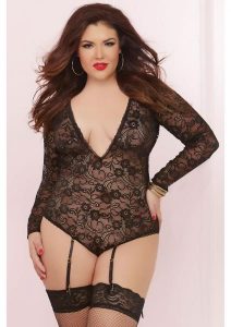 Long Sleeve Teddy with Garters Black Queen Size