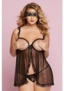 Floral Galloon Lace & Dot Mesh Babydoll Black Queen Size