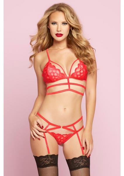 Feather Galloon Lace Bra Set Red O/S