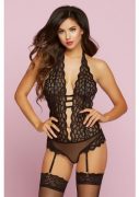 Feather Galloon Lace & Mesh Teddy Black O/S