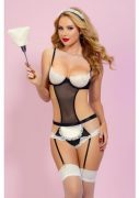 Floral Galloon Lace Teddy & Apron Maid Set Black O/S